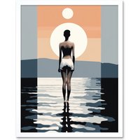 Artery8 Wall Art Print The Sea is Calling Modern Abstract Minimalist Artwork Sun & Moon Art Framed in White | Size: W12" x H16"