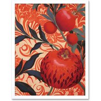 Artery8 Wall Art Print Pomegranate Tree Grove Red & Blue Artwork Floral Patterns Art Framed in White | Size: W12" x H16"