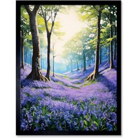 Artery8 Wall Art Print Bluebell Forest Sunshine Vibrant Artwork Purple Blue Flowers Early Morning Serene Landscape Art Framed | Size: W12" x H16"