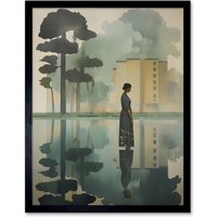 Artery8 Wall Art Print Reflecting & Reflection of Calm Artwork Modern Simple Calming Soft Painting Flat Lake Trees Art Framed | Size: W12" x H16"