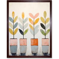 Artery8 Wall Art Print Plant Pots Simple Pastel Colour Oil Painting Bright Pink Green Blue Boho Artwork Art Framed in Brown | Size: W12" x H16"