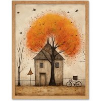 Artery8 Wall Art Print Country House Autumn Tree Oil Painting Orange Brown Bicycle on Fence Rural Life Art Framed in Light Oak | Size: W12" x H16"