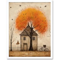 Artery8 Wall Art Print Country House Autumn Tree Oil Painting Orange Brown Bicycle on Fence Rural Life Art Framed in White | Size: W12" x H16"