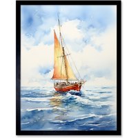 Artery8 Wall Art Print Orange Sailing Boat Watercolour Painting Bathroom Artwork Sail at Sea Seascape Art Framed in Black | Size: W12" x H16"