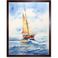 Artery8 Wall Art Print Orange Sailing Boat Watercolour Painting Bathroom Artwork Sail at Sea Seascape Art Framed in Brown | Size: W12" x H16"