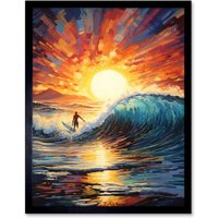 Artery8 Wall Art Print Sunset Surf Waves Surfing Artwork Vibrant Blue Purple Orange Setting Sun Behind Surfer in Wavy Seascape Art Framed