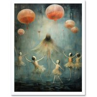 Artery8 Wall Art Print The Jellyfish Ballet Whimsical Surreal Underwater Dance Artwork Art Framed in White | Size: W12" x H16"