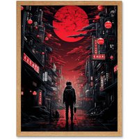 Artery8 Wall Art Print Midnight Blood Moon in Tokyo Conceptual Artwork Gothic Street Japan Cityscape Art Framed in Light Oak | Size: W12" x H16"