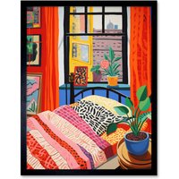 Artery8 Wall Art Print The Artist's Bedroom Henri Matisse Style Vibrant Patterns Colourful Oil Painting Art Framed in Black | Size: W12" x H16"