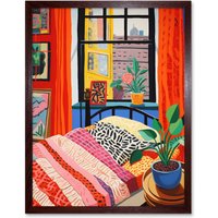 Artery8 Wall Art Print The Artist's Bedroom Henri Matisse Style Vibrant Patterns Colourful Oil Painting Art Framed in Brown | Size: W12" x H16"