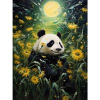 Wall Art Print Midsummer Nights Panda Dream Oil Painting Panda Bear Full Moon Sunflower Field Landscape Bedroom Poster
