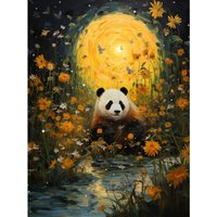 Wall Art Print Harvest Moon Panda Landscape Oil Painting Panda Bear Wildflower Meadow Flowing Stream Bedroom Poster