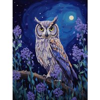 Artery8 Wall Art Print Great Horned Owl in Lavender Field Oil Painting Blue Purple Full Moon Night in the Countryside Poster | Size: W12" x H16"