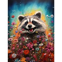 Wall Art Print Gleeful Racoon Quirky Portrait Spring Makes Everything Better Oil Painting Bedroom Blooming Wildflower Meadow Poster