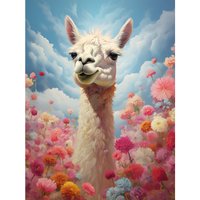 Wall Art Print Happy Llama Peeking Head Over Flowers Bright Colourful Artwork Bedroom Dreamy Spring Meadow Poster