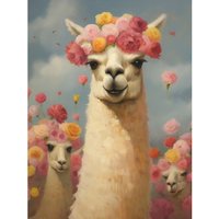 Artery8 Wall Art Print The Llama Wedding Rose Bloom Flower Headdress Fun Artwork Kids Bedroom Poster in Pink | Size: W12" x H16"