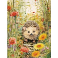 Wall Art Print Adorable Hedgehog Wildflower Meadow Watercolour Painting Bedroom Cute Woodland Creature Poster W12" x H16"