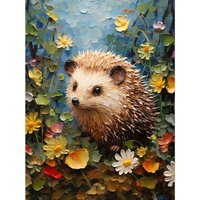 Wall Art Print Hedgehog Wildflower Meadow Thick Paint Oil Painting Bedroom Cute Woodland Creature Poster W12" x H16"