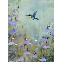 Artery8 Wall Art Print Bluebell Hummingbird Pastel Painting Nectar Flowers Field Oil Painting Colour Artwork Poster in Blue | Size: W12" x H16"