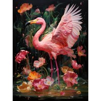 Artery8 Wall Art Print Flamboyant Flamingo Feathers Artwork Bird in the Rain Vibrant Pink Orange Green Artwork Poster | Size: W12" x H16"