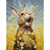 Wall Art Print Happy Bunny Rabbit Playing Field Daisies Vibrant Oil Painting Bedroom Yellow Bright Summer Meadow Poster
