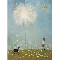 Artery8 Wall Art Print Chasing the Giant Dandelion Dream Artwork Giant Wish Oil Painting Kids Bedroom Child & Pet Dog in Daisy Field Poster