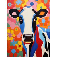 Artery8 Wall Art Print Colourful Cow Bright Bold Floral Portrait Acrylic Painting Vibrant Folk Art Flower Artwork Friesian Kids Bedroom Poster