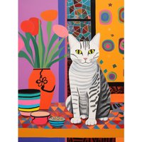 Artery8 Wall Art Print The Stripey Cat Sits Artwork Potted Flower Plant Henri Matisse Style Painting Home Bold Bright Vibrant Folk Art Poster