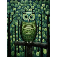 Artery8 Wall Art Print Sage Green Owl Perched in Geometric Forest Night Dusk Poster | Size: W12" x H16"