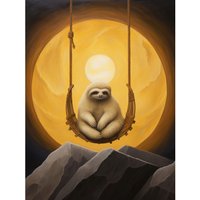 Artery8 Wall Art Print The Lazy Overlord Sloth at Full Moon Abstract Surrealist Painting Poster in Yellow | Size: W12" x H16"