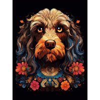 Artery8 Wall Art Print Cockapoo Dog with Ornate Collar & Flowers Symmetrical Floral Artwork Orange Pink Blue Tribal Design on Black Poster