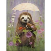 Artery8 Wall Art Print Picking Flowers in the Rain Oil Painting Cute Sloth with an Umbrella in a Wildflower Meadow Kids Bedroom Poster