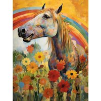 Artery8 Wall Art Print Girls Bedroom Nursery Artwork Rainbow Horse With Flowers Bright Colourful Happy Poster | Size: W12" x H16"