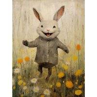Wall Art Print Raincoat Rabbit Happy Bunny Flower Meadow Bedroom Nursery Artwork Poster W12" x H16"
