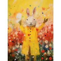 Wall Art Print Rabbit Rain Mac Oil Painting Bright Floral Meadow Bedroom Nursery Poster W12" x H16"