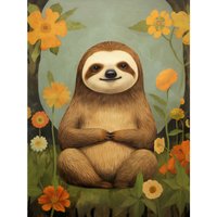 Wall Art Print Smiling Sloth Meditating Forest Flowers Bedroom Artwork Poster W12" x H16"