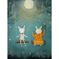 Artery8 Wall Art Print Rabbits on a Swing with Moonlit Butterflies Calming Baby Nursery Artwork Poster in Blue | Size: W12" x H16"