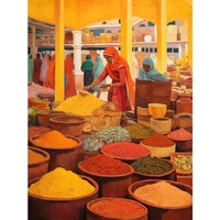 Artery8 Wall Art Print The Spice Market Asian Herbs & Spices Colourful Kitchen Artwork Poster in Yellow | Size: W12" x H16"