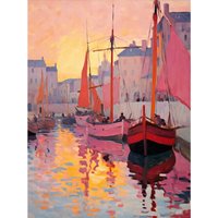 Artery8 Wall Art Print Sailboats Reflecting in Harbour Water Pink Orange Sunset Oil Painting Anchoring by Promenade Poster | Size: W12" x H16"