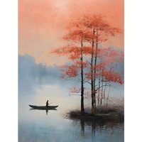 Artery8 Wall Art Print Canoe Boat on Misty Lake Oil Painting Landscape Blue Pink Blossom Tree Early Morning Poster | Size: W12" x H16"