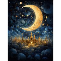 Artery8 Wall Art Print Golden City in the Clouds Surreal Artwork Blue Gold Crescent Moon Starry Night Fairytale Poster in Black | Size: W12" x H16"