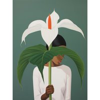 Artery8 Wall Art Print Giant Peace Lily Showcase Realistic Oil Painting White Teal Green Woman with Flower Minimalist Artwork Poster