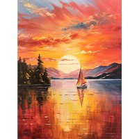 Artery8 Wall Art Print Serene Lake Sunset Sailing Vibrant Oil Painting Sail Boat Lakeside Mountain Landscape Poster in Orange | Size: W12" x H16"