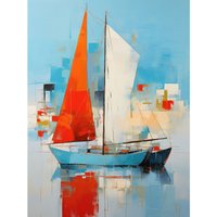 Artery8 Wall Art Print Abstract Sailing Boats Ships Oil Painting Palette Knife Bathroom Artwork Vibrant Orange Blue Harbor Seascape Poster