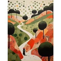 Artery8 Wall Art Print Walk on the Countryside Hill Path Folk Art Oil Painting Red Orange Green Abstract Landscape Artwork Poster | Size: W12" x H16"