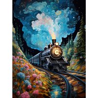 Artery8 Wall Art Print Train Ride to Imagination Land Conceptual Art Oil Painting Dream Journey Railroad Poster in Blue | Size: W12" x H16"