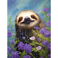 Wall Art Print Carefree Sloth Field Daisies Oil Painting Enjoying Spring Rain Bedroom Poster W18" x H24"