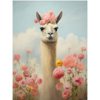 Wall Art Print Llama & Peonies Elegant Artwork Bedroom Floral Portrait Roses Poster W18" x H24"