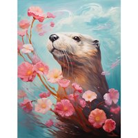 Artery8 Wall Art Print Otter with a Pink Cherry Blossom Branch Elegant Oil Painting Floating on Lake Water with Flowers Poster | Size: W18" x H24"