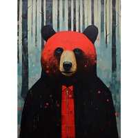 Artery8 Wall Art Print Hipster Red Bear Artwork Oil Painting Black Blue Artwork Forest Trees Poster | Size: W18" x H24"